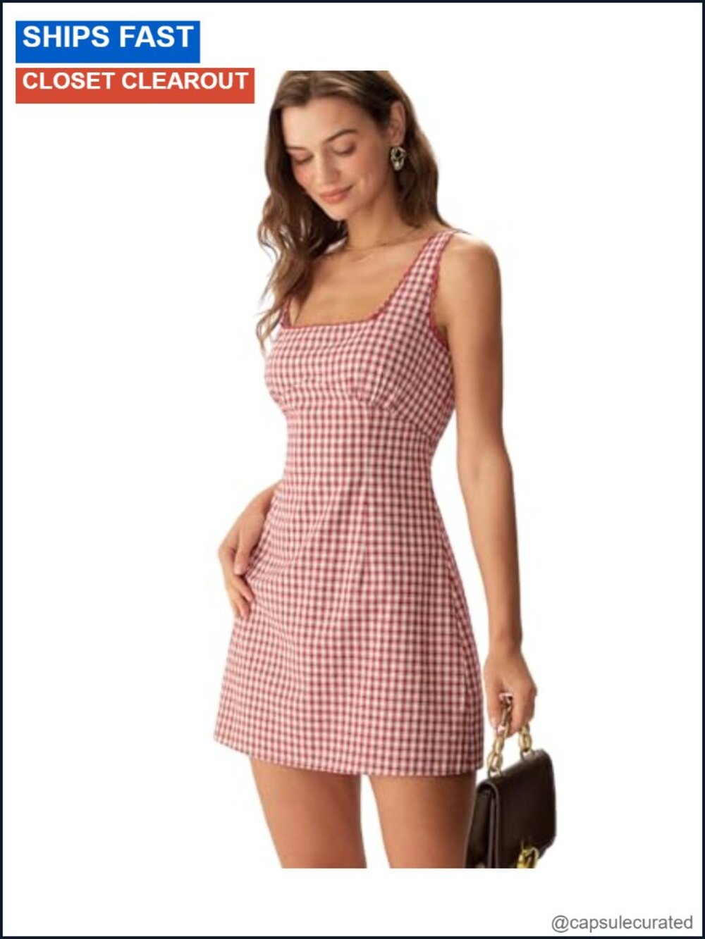 RIHOAS 100% Cotton Gingham Plaid Mini Dress Square Neck Sleeveless A-Line Casual